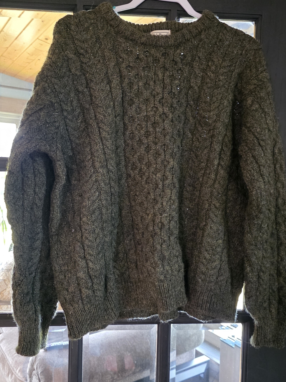 L.L. Bean Men's Olive Cable-Knit Crewneck Sweater